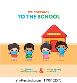 Welcome Back To The School. New Normal Infographic At School. Physical Distancing. Chibi Cute Character.