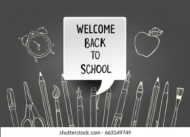 Welcome back to school. New school year poster. Hand drawn supplies. Vector illustration.