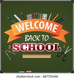 Welcome back to school. School objects scattered on a school chalkboard with text back to school. Backpack, ruler, pen, pencil, marker, alarm clock, compasses, scissors,calculator vector illustration
