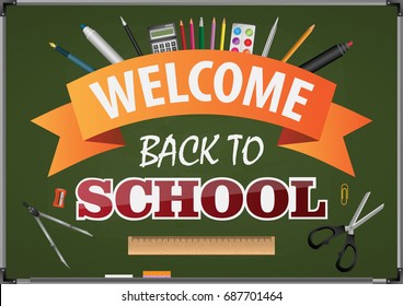 Welcome back to school. School objects scattered on a school chalkboard with text back to school. Backpack, ruler, pen, pencil, marker, alarm clock, compasses, scissors,calculator vector illustration
