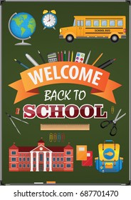 Welcome back to school. School objects scattered on a school chalkboard with text back to school. Backpack, ruler, pen,bus, marker, alarm clock, compasses, scissors,calculator vector illustration
