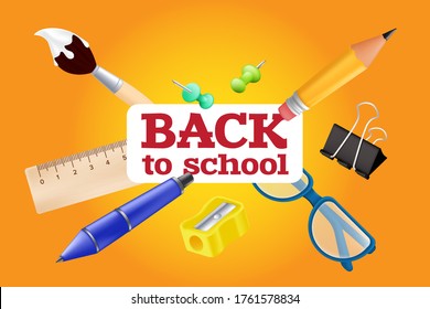 Welcome back to school - objects set with pencil, ruler, pen, sharpener, push pin, paper clip, glasses, paintbrush. Vector illustration with realistic educational items isolated on orange background