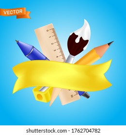 Welcome back to school - objects set with pencil, ruler, pen, sharpener, paintbrush. Vector illustration with realistic educational items and yellow ribbon isolated on blue background