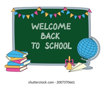Willkommen zurück zur Schule an der Tafel. Schulbanner. Vektorgrafik.