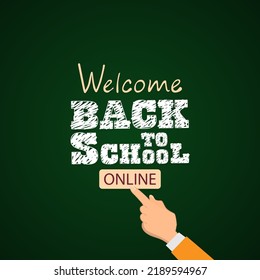 Welcome back to school online. Hand pointing to online button.