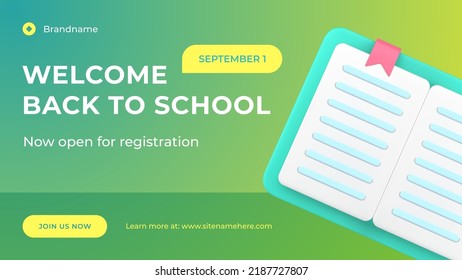 Welcome back to school open internet registration web banner paper book realistic 3d icon vector illustration. Distance education e learning academic studying courses digital college lessons webpage