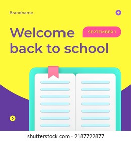 Welcome Back To School Open Paper Textbook Educational Academic E Learning Social Media Post 3d Icon Vector Illustration. University College Knowledge Studying Class Registration Book Reading