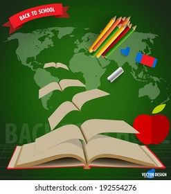 Welcome back to school, Opened flying books. Vector illustration.