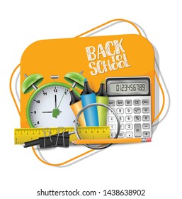 Welcome back to school orange banner with markers, colorful pencils, scissors, magnifier, brush, and other education supplies. Reatistic vector illustration.