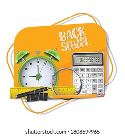 Welcome back to school orange banner with markers, colorful pencils, scissors, magnifier, brush, and other education supplies. Reatistic vector illustration.