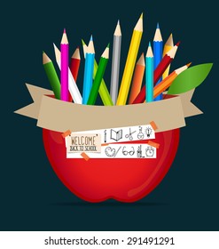 Welcome back to school with paper note and Color pencils background, vector illustration.