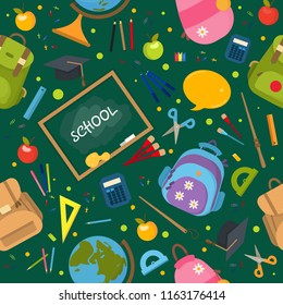 Welcome back to school pattern. School Background. Vector illustration pattern. Typography emblem. Back to school badge. Cool, modern trendy logo with school things. Vector image