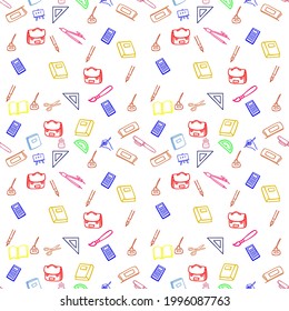 
Bienvenido de vuelta al patrón escolar con rayas y varios colores de útiles escolares modernos. De vuelta a la escuela. Ilustración vectorial.