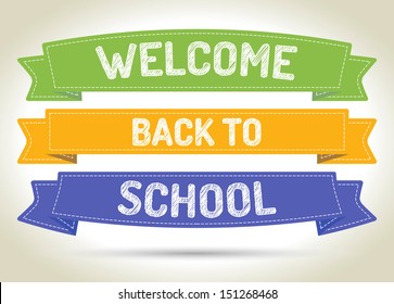 Welcome back to school - pen style text on colorized ribbons with shadow.