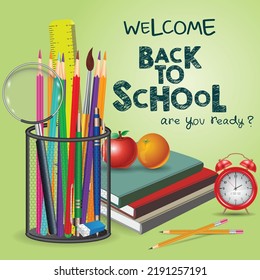 Welcome back to school with pencil case vector 