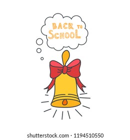 Welcome back to school poster, banner design with traditional hand bell and red ribbon, vector illustration isolated on white background. Welcome back to school poster, banner, card design with bell
