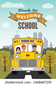 Welcome Back to School poster, banner template with School Bus. Vector illustration