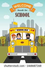 Welcome Back to School poster, banner template with School Bus. Vector illustration