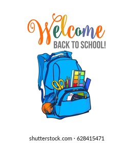 Welcome back to school poster, banner, postcard design with backpack, vector illustration isolated on white background. Welcome back to school poster, banner, card design with school bag