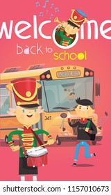 Welcome back to school poster with school bus and children greeting each other in the beginning of the year. Vector illustrations