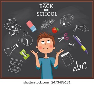 Welcome Back to School Poster. Cartoon character with school blackboard background and flat style drawings and doodle. Vector illustration. Banner