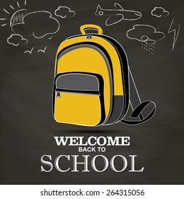 Welcome back to school Poster Chalkboard, Student backpack retro style vector 