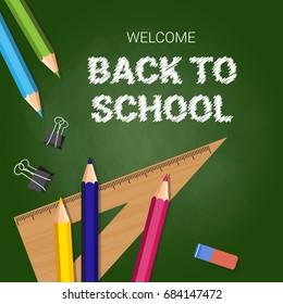Welcome Back To School Poster Colorful Crayons Pencils And Rulers On Chalk Board Background Flat Vector Illustration