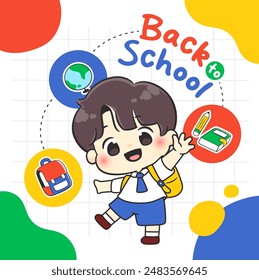 Welcome back to school poster with cute boy cartoon 