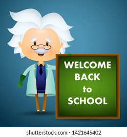 Welcome back to school poster design. Old professor holding chalkboard with text on blue background. Vector illustration can be used for banners, ads, signs