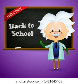 Welcome back to school poster design. Cartoon scientist pointing at chalkboard on violet background. Vector illustration can be used for banners, ads, signs