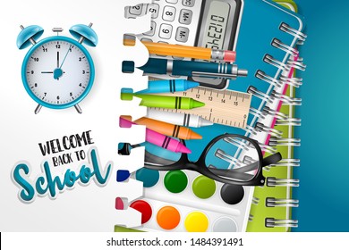 Welcome back to school poster design with torn out sheet of paper as a background and realistic 3d study items - ring notebook, markers, crayons, ruler, pencil with eraser, calculator.