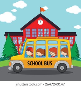 Welcome back to school poster design templates and a school kids and school bus vector illustration