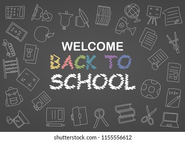 Welcome Back to School poster with doodles, good for textile fabric design, wrapping paper and website wallpapers