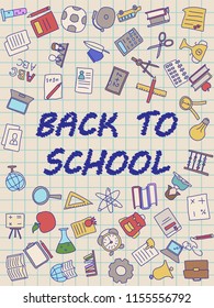 Welcome Back to School poster with doodles, good for textile fabric design, wrapping paper and website wallpapers