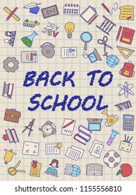 Welcome Back to School poster with doodles, good for textile fabric design, wrapping paper and website wallpapers