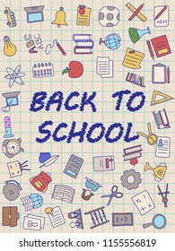 Welcome Back to School poster with doodles, good for textile fabric design, wrapping paper and website wallpapers