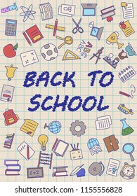 Welcome Back to School poster with doodles, good for textile fabric design, wrapping paper and website wallpapers