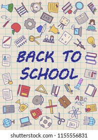 Welcome Back to School poster with doodles, good for textile fabric design, wrapping paper and website wallpapers