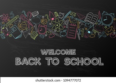 Welcome back to school - poster with hand drawn elements. Vector.