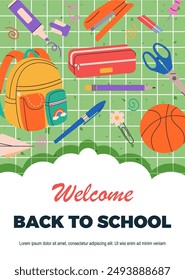 Welcome Back to school poster. Hand drawn school supplies. Vector modern design with cute school stationery. Design for flyers, advertisements, paper, cover, social media, cards, web ads