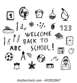 Welcome back to school poster. Hand drawn vector illustration. White and black.