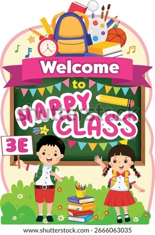 Welcome Back to School poster. Poster with image of small student, backpack and school supplies. Education and learning. Cute cartoon vector illustration on green board