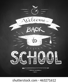 Welcome Back to School poster with mortarboard cap and ribbon banner on chalkboard background.