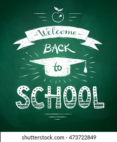Welcome Back to School poster with mortarboard cap and ribbon banner on green chalkboard background.