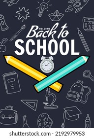 Welcome Back to school poster, pencils, clock alarm clock, retro. Background template