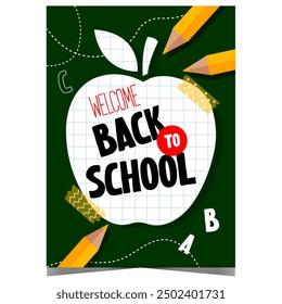 Welcome back to school poster with pencils, letters and apple cut from notebook paper. Invitation banner or flyer for pupils, students and teachers to celebrate the start of a new school year.