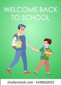 Welcome back to school poster vector template. Elementary education. Brochure, cover, booklet page concept design with flat illustrations. School children. Advertising flyer, leaflet, banner layout