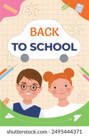 Welcome back to school posters and covers in flat cartoon style. Educational vector templates.