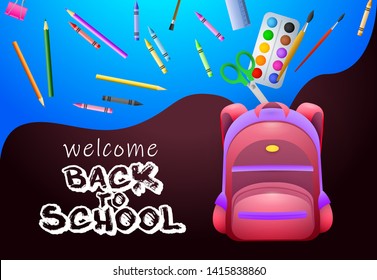 Welcome back to school posters design. Pink backpack, paints, crayons, pencils and school supplies on colorful background. Vector illustration can be used for banners, ads, signs