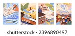 Welcome back to school posters set. Tiny kids with books. Stationeries for elementary education. Hand with pen above notebook. Pupils on lessons. Day of Knowledge concept. Flat vector illustrations